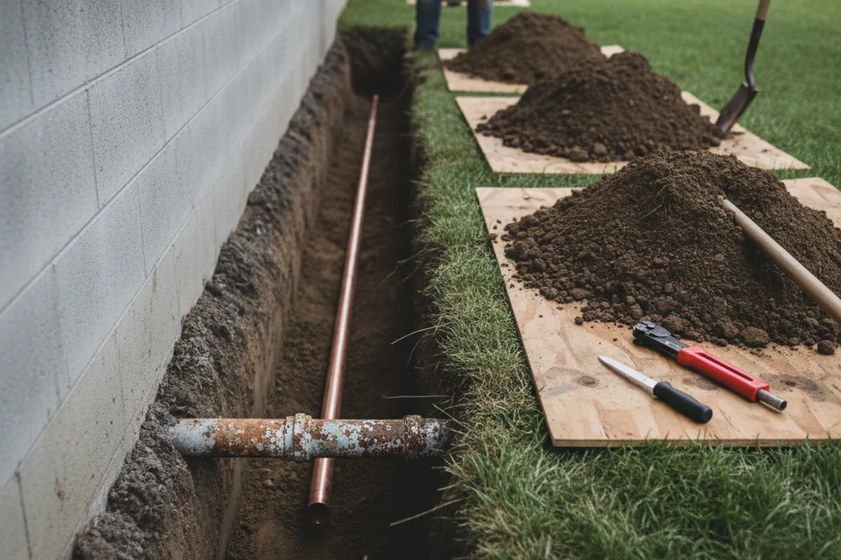Excavated water line trench during Water Softener Installation in Wallingford